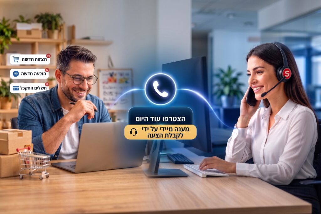 נציגת שירות לקוחות של סינכרוליין מסייעת ללקוח להשלים רכישה מאובטחת בחנות וירטואלית